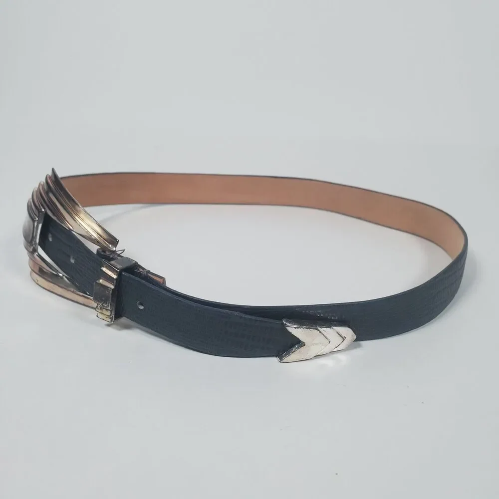 Vintage The Ritz Women's Blue Croc Embossed Leather Belt Art Deco Silver Buckle